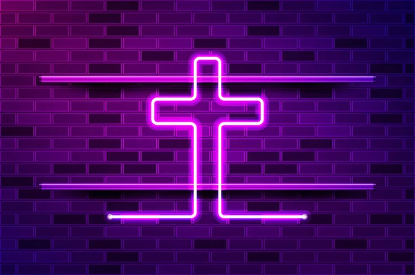 Christian Kreuz Leuchtende Leuchtreklame Oder Led Streifenlicht Realistische Vektorillustration Lila — Stockvektor