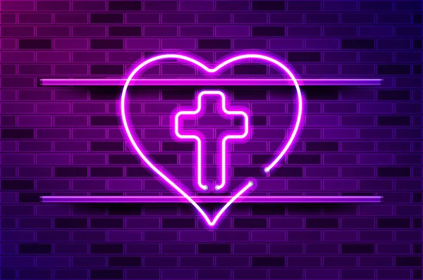 Cruz Corazón Jesús Concepto Del Corazón Brillante Signo Neón Tira — Vector de stock