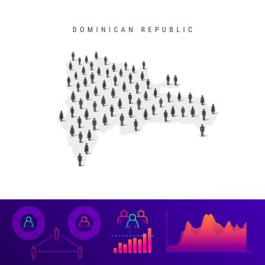 Dominik Cumhuriyeti halkı haritası. Detaylı vektör silueti. Erkek ve kadın ikonlarından oluşan karışık bir kalabalık. Nüfus bilgi elemanları. Vektör illüstrasyonu beyazda izole edildi.