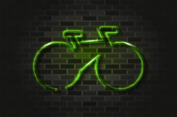 自行车简单的轮廓发光霓虹灯标志或玻璃管 现实的矢量说明 黑色砖墙 柔软的影子 — 图库矢量图片