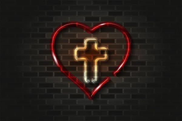 Cruz Corazón Jesús Corazón Resplandeciente Signo Neón Tubo Vidrio Ilustración — Vector de stock