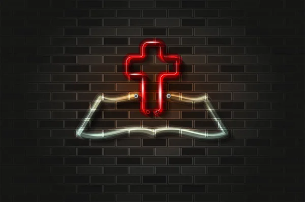 Krzyż Chrześcijański Święta Biblia Świecący Neon Znak Lub Szklaną Rurkę — Wektor stockowy