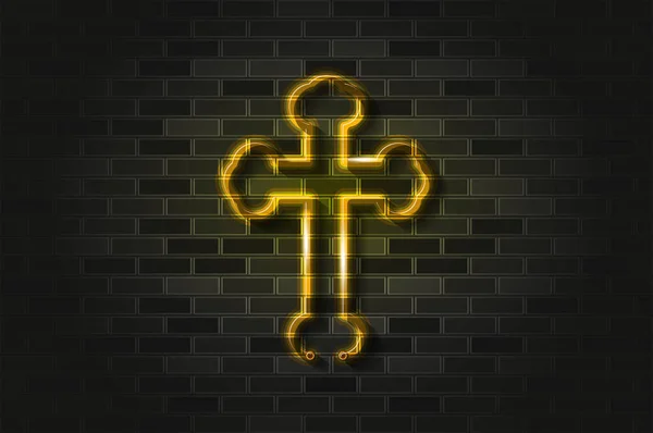 Golden Byzantine Cross Glowing Neon Sign Glass Tube Realistic Vector — Stock Vector