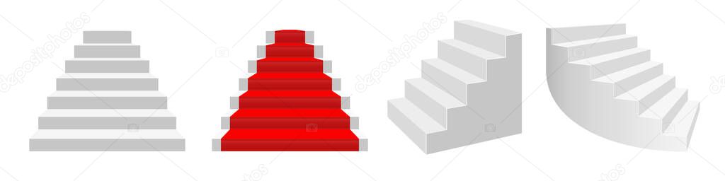 Realistic 3D vector staircases. Front view, front view with a red carpet, half-turn white stairs, curved bent staircase.
