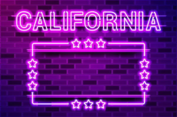 California State Glowing Purple Neon Lettering Rectangular Frame Stars Realistic — Stock Vector