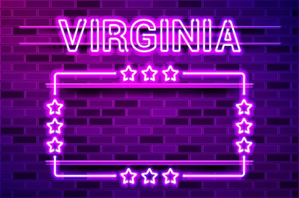 Virginia State Ragyogó Lila Neon Betűkkel Egy Téglalap Alakú Keret — Stock Vector