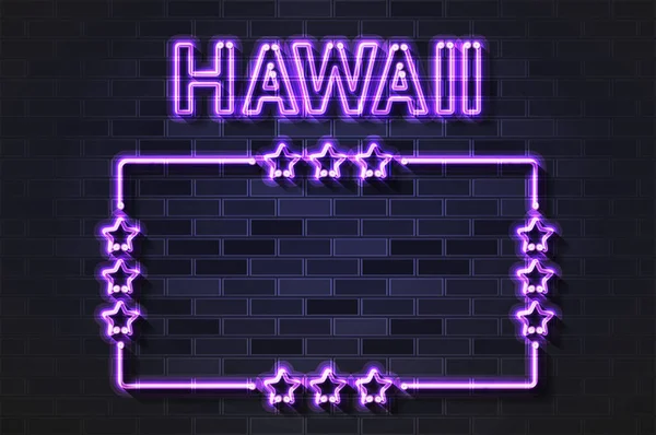 Hawaii State Glowing Violet Neon Letters Starred Frame Realistic Vector — Stock Vector