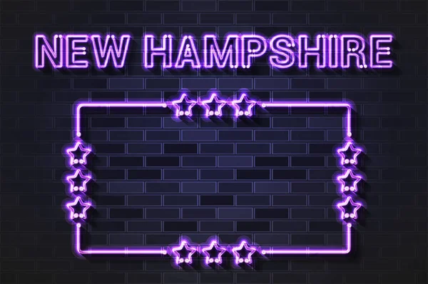 New Hampshire State Glödande Violetta Neonbokstäver Och Stjärnklar Ram Realistisk — Stock vektor