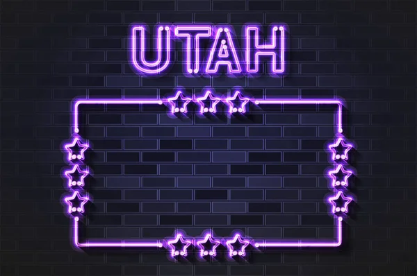 Utah State Glowing Violet Neon Letters Starred Frame Realistic Vector — Stock Vector