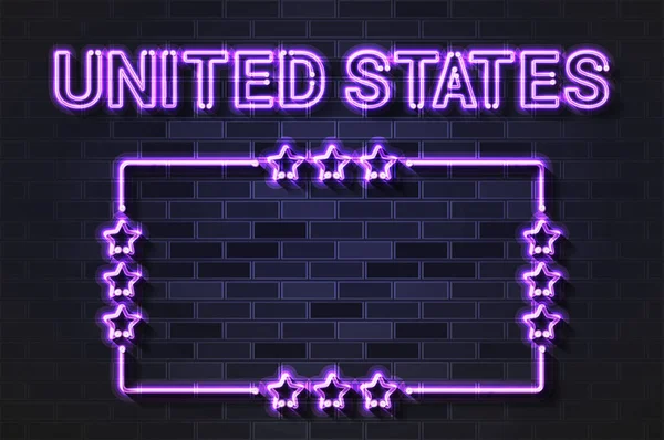 Stati Uniti Incandescente Lettere Neon Viola Cornice Stellata Illustrazione Vettoriale — Vettoriale Stock