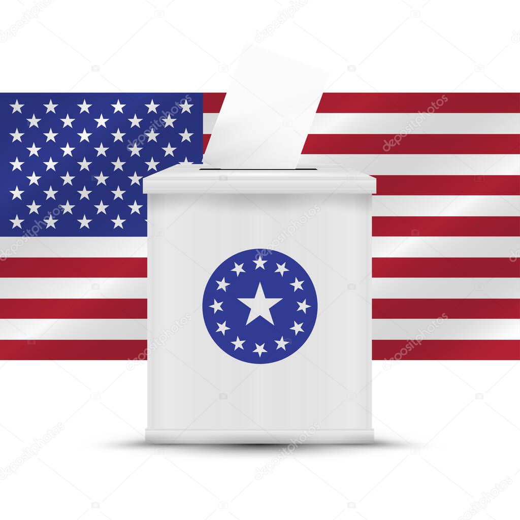 White ballot box with american flag background. 2020 United States presidential election. Vector illustration.