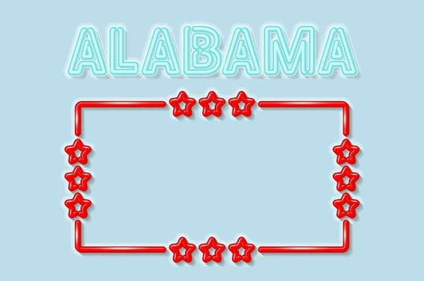 Alabama Estados Unidos Letras Neón Azul Suave Luces Apagadas Marco — Vector de stock