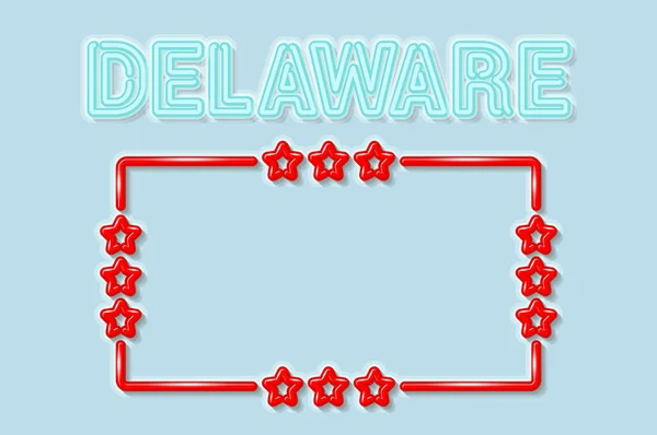 Delaware Usa Mjuka Blå Neonbokstäver Släcks Glossy Fet Röd Ram — Stock vektor