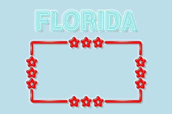 フロリダ米国の州の柔らかい青いネオンの手紙が点灯します 星と光沢のある大胆な赤のフレーム 影が柔らかい ライトブルーの背景 ベクターイラスト — ストックベクタ
