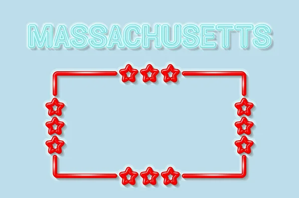 Massachusetts Stati Uniti Morbido Blu Neon Lettere Luci Spente Cornice — Vettoriale Stock