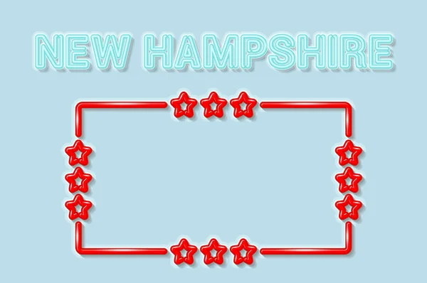 New Hampshire US delstat mjuk blå neon bokstäver lyser av. Glänsande röd ram med stjärnor. Vektorillustration — Stock vektor