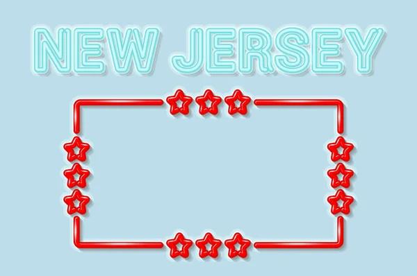 New Jersey US delstat mjuk blå neon bokstäver ljus släckt. Glänsande röd ram med stjärnor. Vektorillustration — Stock vektor