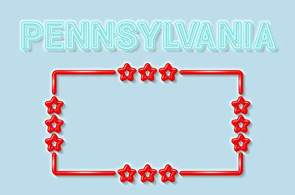 Pennsylvania US State mjuk blå neon bokstäver ljus släckt. Glänsande röd ram med stjärnor. Vektorillustration — Stock vektor