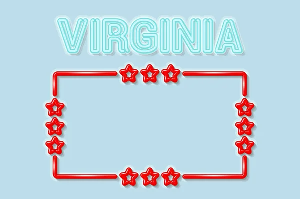 Virginia US delstat mjuk blå neon bokstäver ljus släckt. Glänsande röd ram med stjärnor. Vektorillustration — Stock vektor