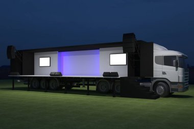 3D dış kamyon Mobil Sahne'nin olay tv ışık gece hazırlama illüstrasyon render yol açtı.