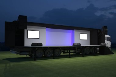 3D dış kamyon Mobil Sahne'nin olay tv ışık gece hazırlama illüstrasyon render yol açtı.