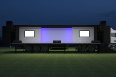 3D dış kamyon Mobil Sahne'nin olay tv ışık gece hazırlama illüstrasyon render yol açtı.
