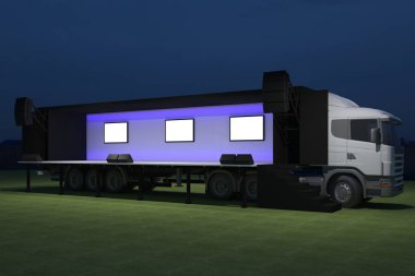 3D dış kamyon Mobil Sahne'nin olay tv ışık gece hazırlama illüstrasyon render yol açtı.