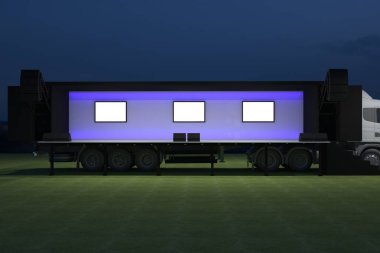 3D dış kamyon Mobil Sahne'nin olay tv ışık gece hazırlama illüstrasyon render yol açtı.