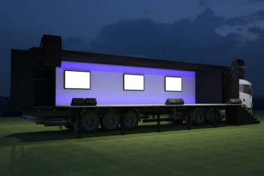 3D dış kamyon Mobil Sahne'nin olay tv ışık gece hazırlama illüstrasyon render yol açtı.
