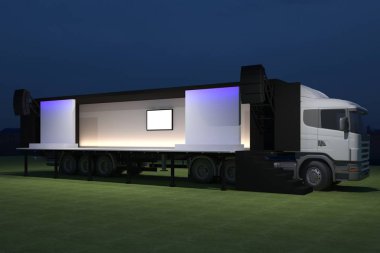 3D dış kamyon Mobil Sahne'nin olay tv ışık gece hazırlama illüstrasyon render yol açtı.