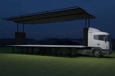 3D dış kamyon Mobil Sahne'nin olay tv ışık gece hazırlama illüstrasyon render yol açtı.