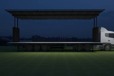 3D dış kamyon Mobil Sahne'nin olay tv ışık gece hazırlama illüstrasyon render yol açtı.