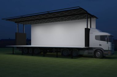 3D dış kamyon Mobil Sahne'nin olay tv ışık gece hazırlama illüstrasyon render yol açtı.