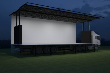 3D dış kamyon Mobil Sahne'nin olay tv ışık gece hazırlama illüstrasyon render yol açtı.