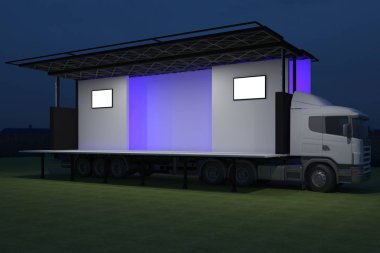 3D dış kamyon Mobil Sahne'nin olay tv ışık gece hazırlama illüstrasyon render yol açtı.
