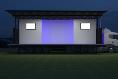 3D dış kamyon Mobil Sahne'nin olay tv ışık gece hazırlama illüstrasyon render yol açtı.