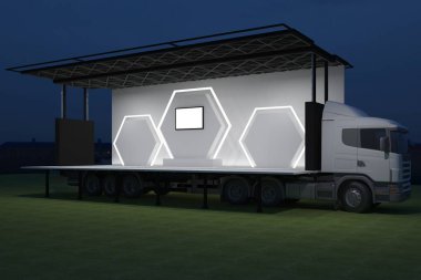 3D dış kamyon Mobil Sahne'nin olay tv ışık gece hazırlama illüstrasyon render yol açtı.