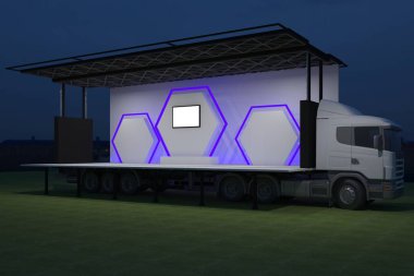 3D dış kamyon Mobil Sahne'nin olay tv ışık gece hazırlama illüstrasyon render yol açtı.