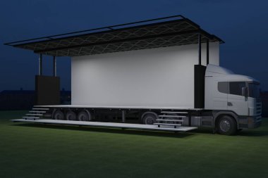3D dış kamyon Mobil Sahne'nin olay tv ışık gece hazırlama illüstrasyon render yol açtı.