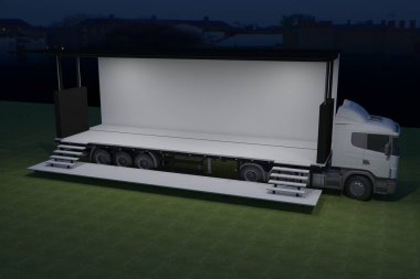 3D dış kamyon Mobil Sahne'nin olay tv ışık gece hazırlama illüstrasyon render yol açtı.