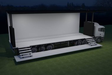 3D dış kamyon Mobil Sahne'nin olay tv ışık gece hazırlama illüstrasyon render yol açtı.