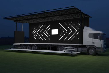 3D dış kamyon Mobil Sahne'nin olay tv ışık gece hazırlama illüstrasyon render yol açtı.