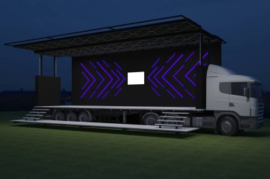 3D dış kamyon Mobil Sahne'nin olay tv ışık gece hazırlama illüstrasyon render yol açtı.