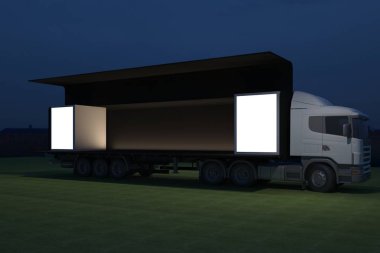 3D dış kamyon Mobil Sahne'nin olay tv ışık gece hazırlama illüstrasyon render yol açtı.