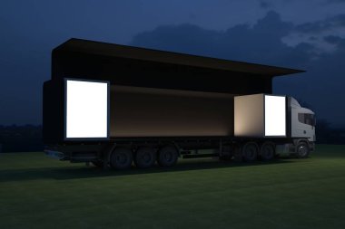 3D dış kamyon Mobil Sahne'nin olay tv ışık gece hazırlama illüstrasyon render yol açtı.