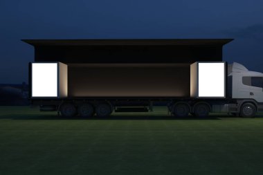 3D dış kamyon Mobil Sahne'nin olay tv ışık gece hazırlama illüstrasyon render yol açtı.