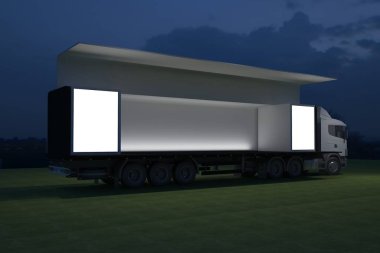 3D dış kamyon Mobil Sahne'nin olay tv ışık gece hazırlama illüstrasyon render yol açtı.