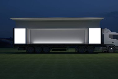 3D dış kamyon Mobil Sahne'nin olay tv ışık gece hazırlama illüstrasyon render yol açtı.