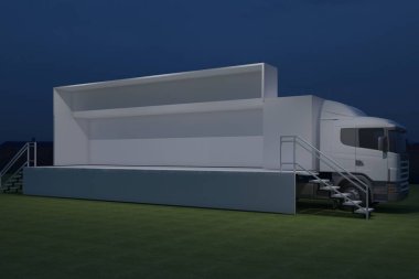 3D dış kamyon Mobil Sahne'nin olay tv ışık gece hazırlama illüstrasyon render yol açtı.