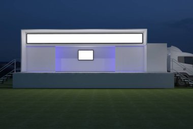 3D dış kamyon Mobil Sahne'nin olay tv ışık gece hazırlama illüstrasyon render yol açtı.